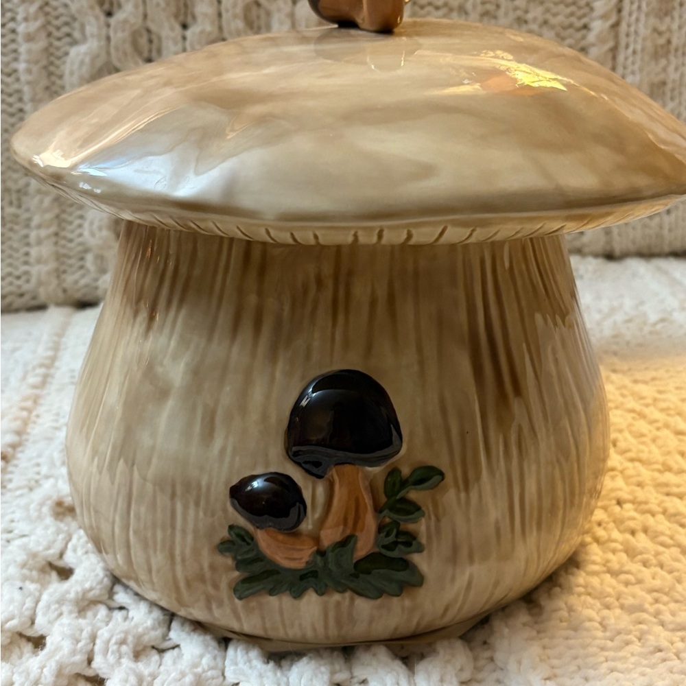 Antique Cream Mushroom Ceramic Jar with Black Accents
